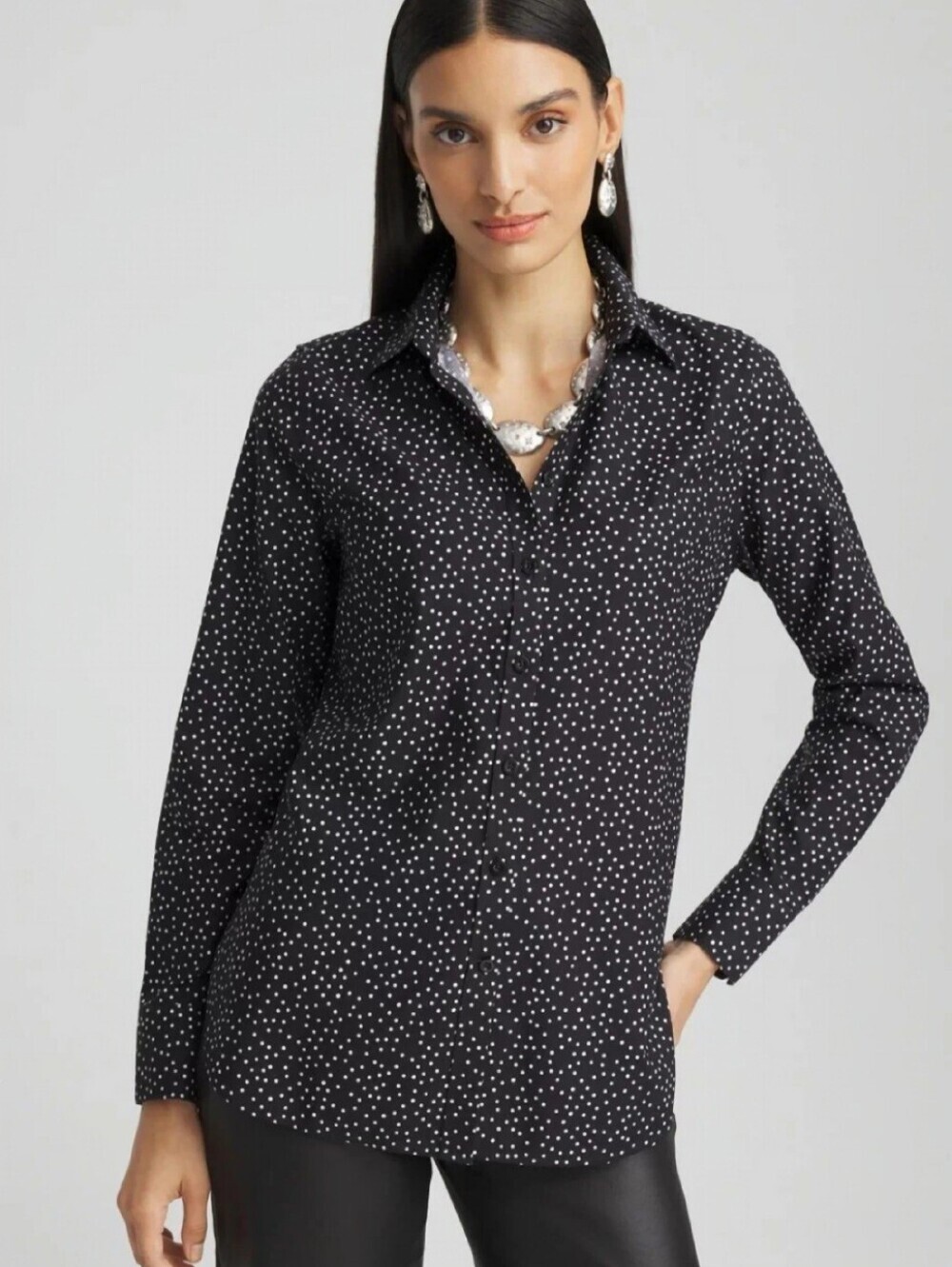 Chico's No Iron Polka Dot Button Front Shirt Long Sleeve Size US 4 Small